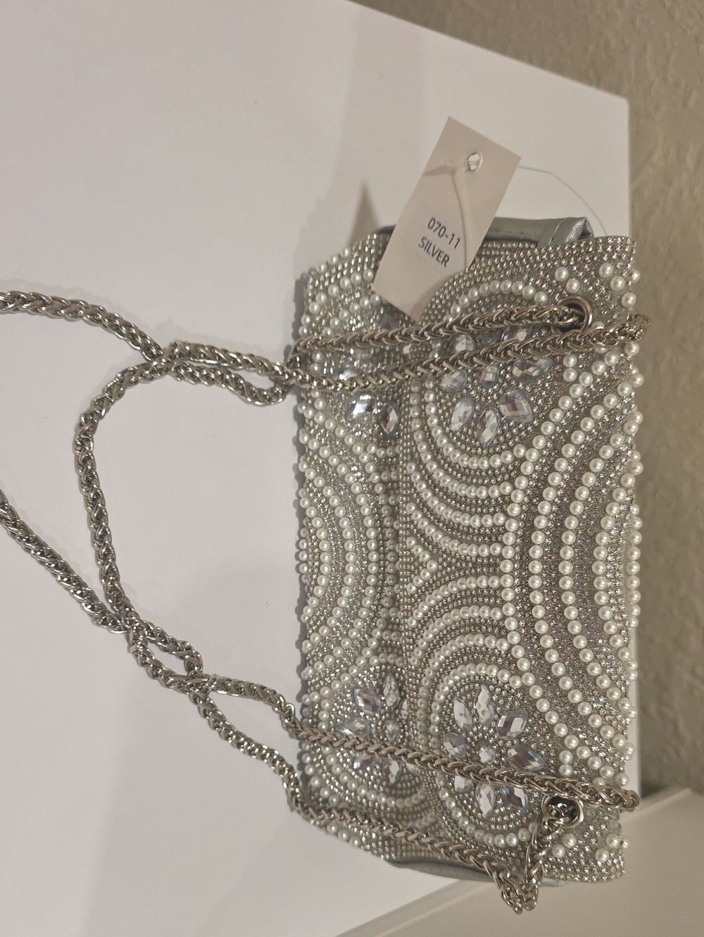 Silver Pearl-Embellished Evening Chain Bag